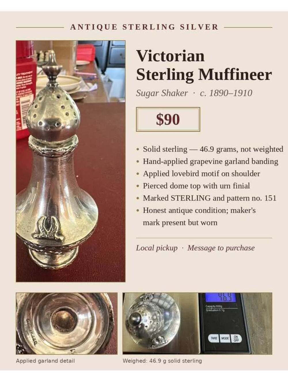 Victorian Sterling Muffineer/Shaker c. 1890-1910